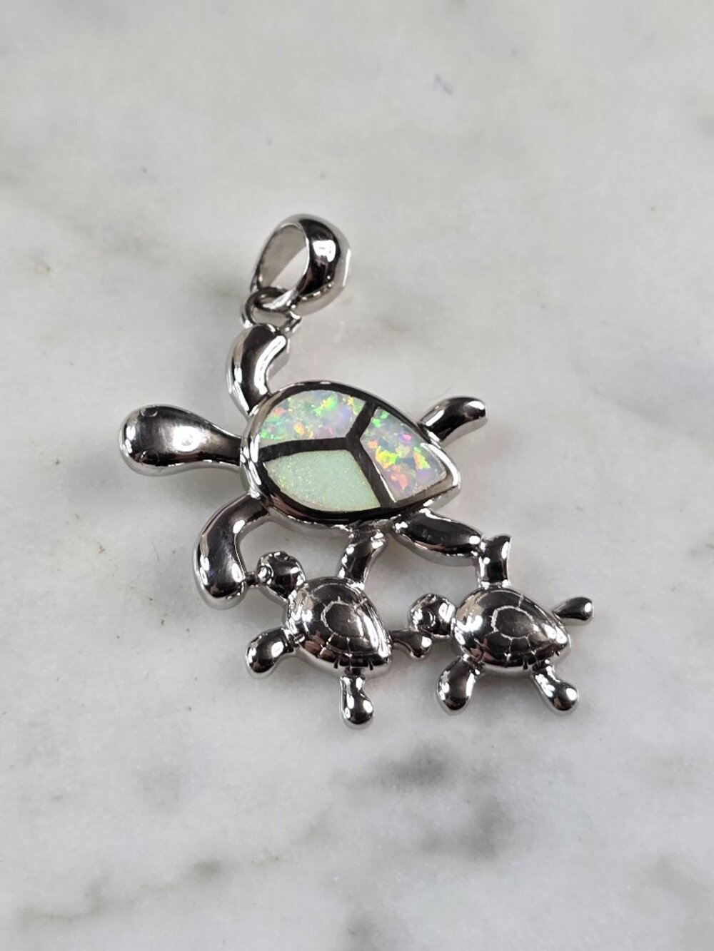 Womens Sterling Silver Opal Sea Turtle w/ Babies Pendant 3.7g E6114
